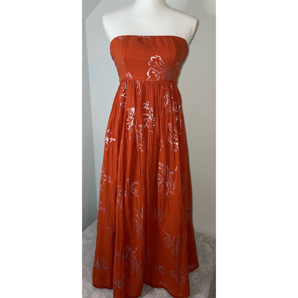 Free People Strapless Midi Dress XS Orange Florals - Picture 3 of 13